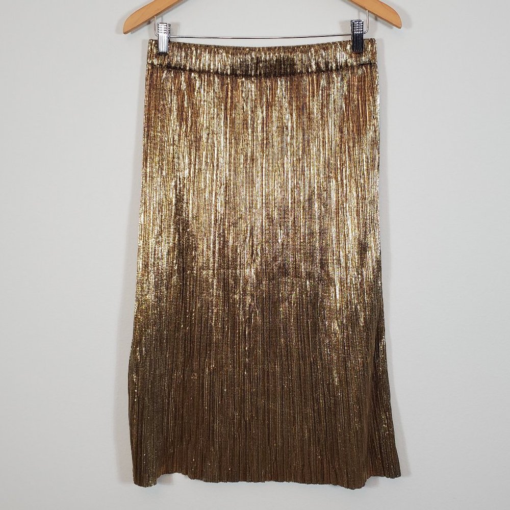 Zara Metallic Gold Lame Crinkle Midi Skirt L